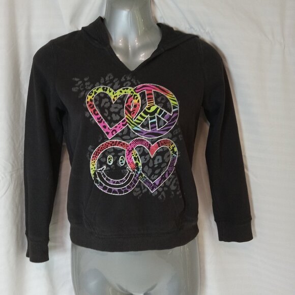 Justice Black Fleece Hoodie Sweatshirt Glitter Heart Peace Happy Y2K Girls 7-8 - Picture 1 of 11